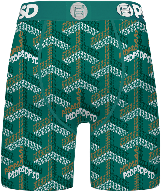 Teal boxer briefs with geometric pattern and brand logo on a white background