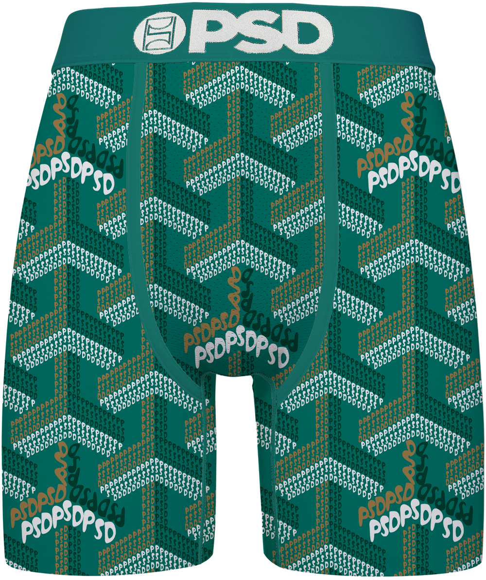 Green patterned BRIEFS with 'PSD' branding on a white background