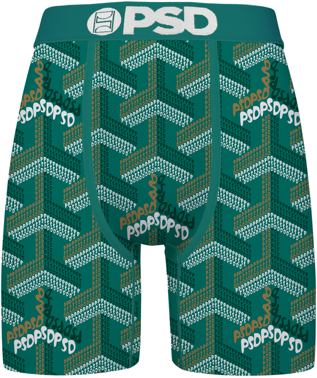 Green patterned BRIEFS with 'PSD' branding on a white background