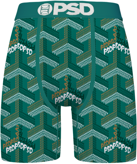 Green patterned BRIEFS with 'PSD' branding on a white background