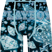 Men's boxer briefs featuring a dark blue and black background printed with sparkling diamond graphics and the word 'PLAYBOY' in a crystal-like font. The waistband is light blue with a black 'PSD' logo.