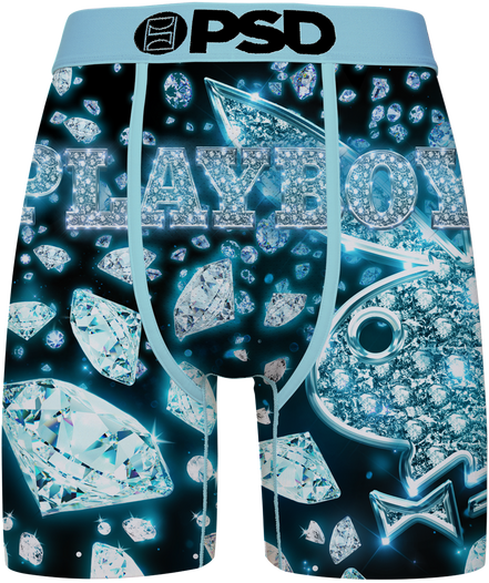 Men's boxer briefs featuring a dark blue and black background printed with sparkling diamond graphics and the word 'PLAYBOY' in a crystal-like font. The waistband is light blue with a black 'PSD' logo.