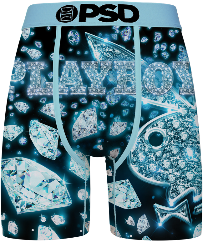 Men's boxer briefs featuring a dark blue and black background printed with sparkling diamond graphics and the word 'PLAYBOY' in a crystal-like font. The waistband is light blue with a black 'PSD' logo.