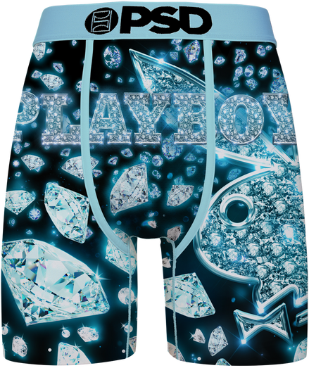 Men's boxer briefs featuring a dark blue and black background printed with sparkling diamond graphics and the word 'PLAYBOY' in a crystal-like font. The waistband is light blue with a black 'PSD' logo.