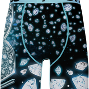 Men's boxer briefs featuring a black background printed with glowing blue diamonds, a light blue elastic waistband with Playboy bunny logo and 'PSD' branding, and a textured icy blue pattern on the left leg.