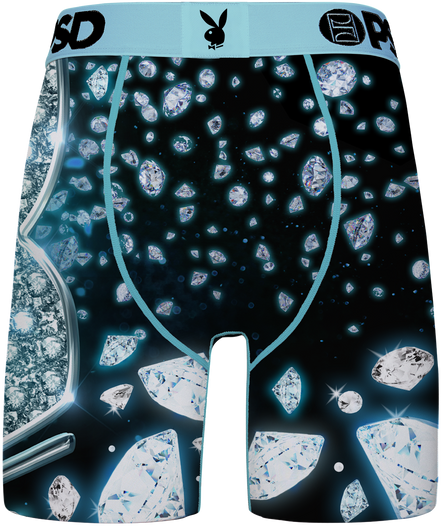 Men's boxer briefs featuring a black background printed with glowing blue diamonds, a light blue elastic waistband with Playboy bunny logo and 'PSD' branding, and a textured icy blue pattern on the left leg.