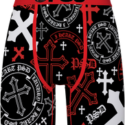 Black boxer briefs with a red and white graphic print featuring crosses, circular emblems, and the text 'PSD' and 'Cruel Chrome Devoted'.