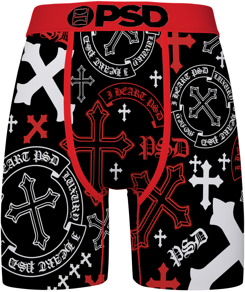 Black boxer briefs with a red and white graphic print featuring crosses, circular emblems, and the text 'PSD' and 'Cruel Chrome Devoted'.