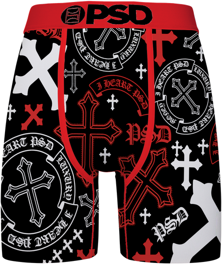 Black boxer briefs with a red and white graphic print featuring crosses, circular emblems, and the text 'PSD' and 'Cruel Chrome Devoted'.