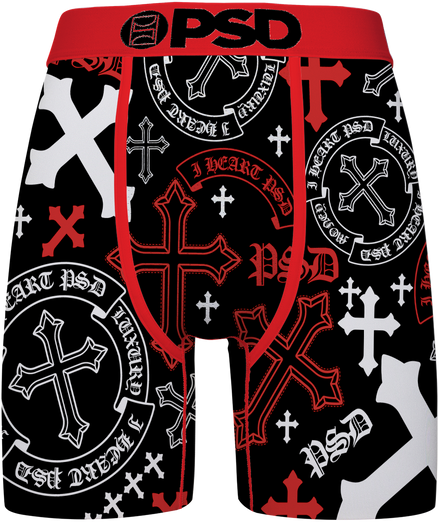 Black boxer briefs with a red and white graphic print featuring crosses, circular emblems, and the text 'PSD' and 'Cruel Chrome Devoted'.
