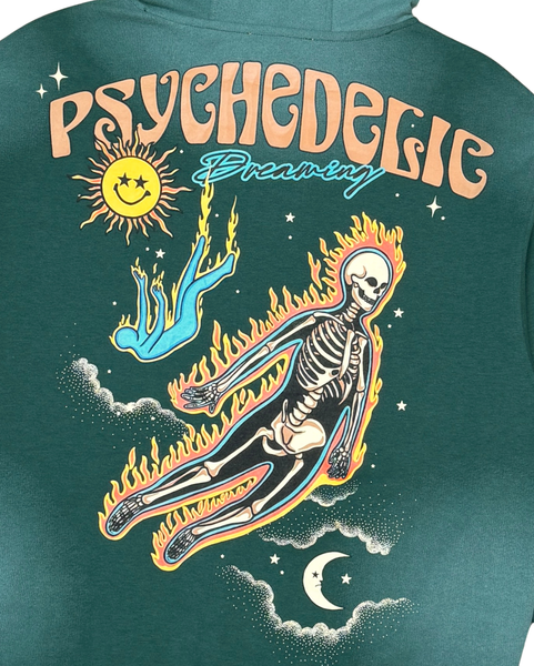 Green hoodie with a colorful skeleton design and 'Psychedelic Drawing' text on the back.