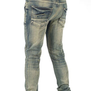 Blue jeans worn by a person on a white background