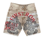 Beige shorts with red and black text and graphics on a white background