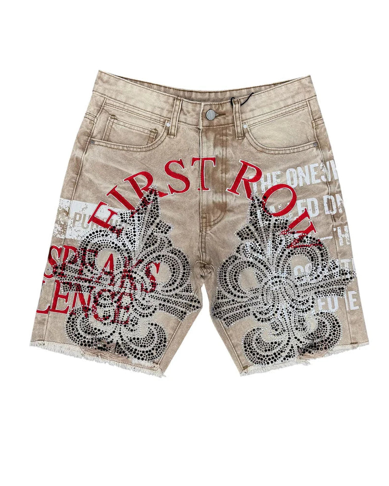 Beige shorts with red and black text and graphics on a white background