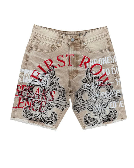 Beige shorts with red and black text and graphics on a white background