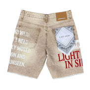 Beige shorts with text and bandana design on a white background