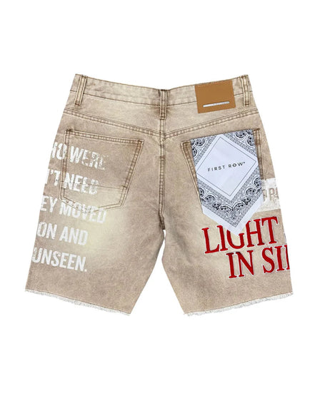Beige shorts with text and bandana design on a white background