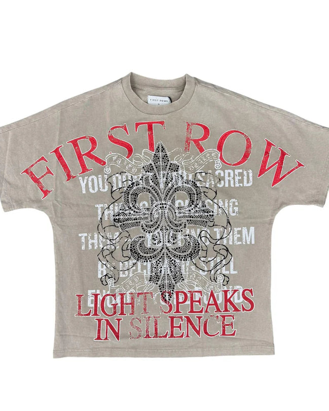 Beige t-shirt with red and black text and graphics on a white background