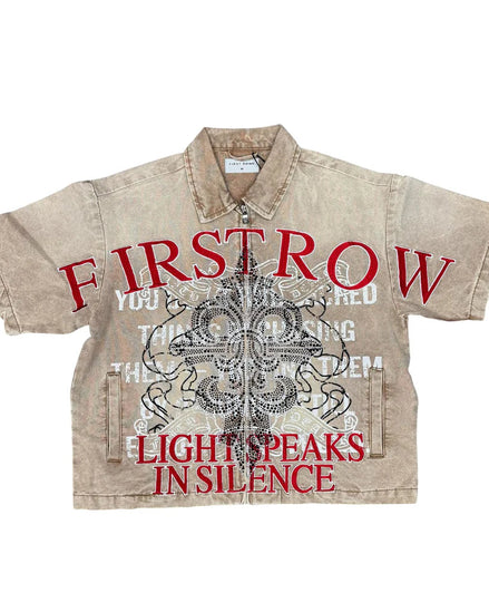 Beige shirt with red and black text and graphics on a white background