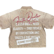 Beige denim shirt with text on the back on a white background