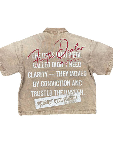 Beige denim shirt with text on the back on a white background