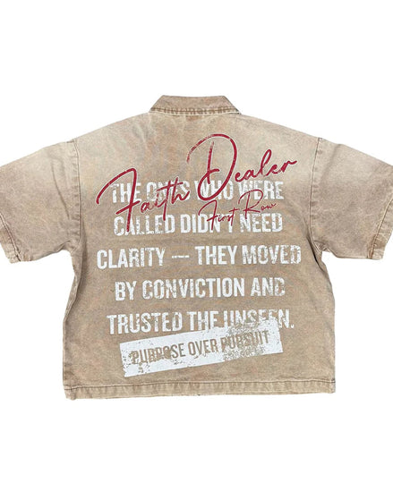 Beige denim shirt with text on the back on a white background