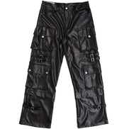 Black leather cargo pants with multiple pockets and buckles on a white background