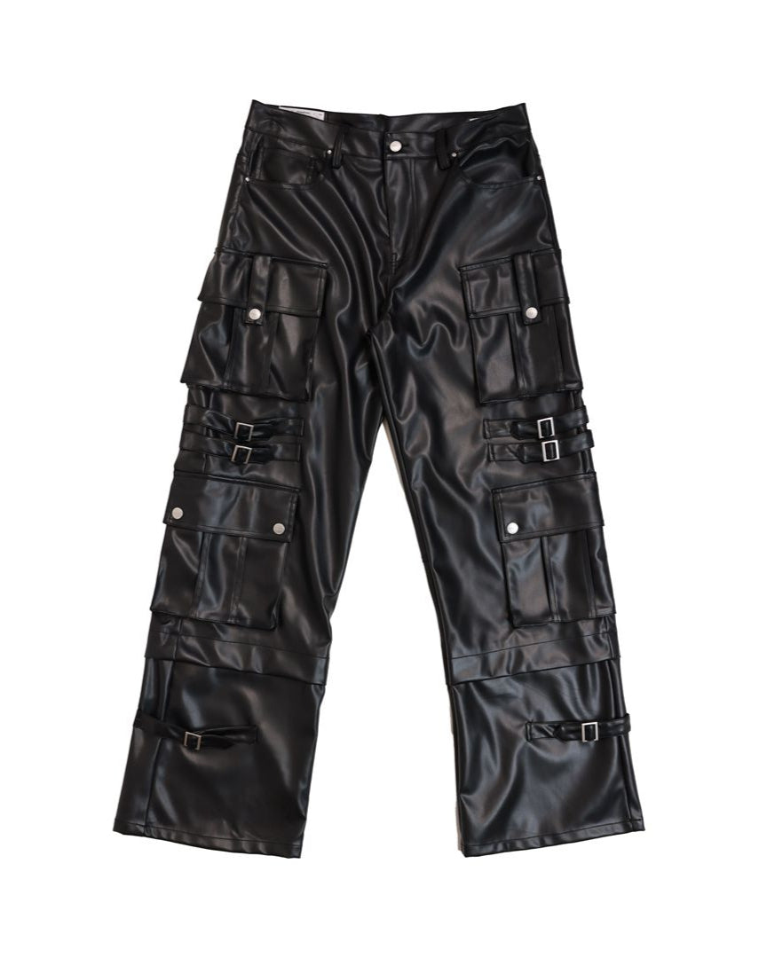 Black leather cargo pants with multiple pockets and buckles on a white background