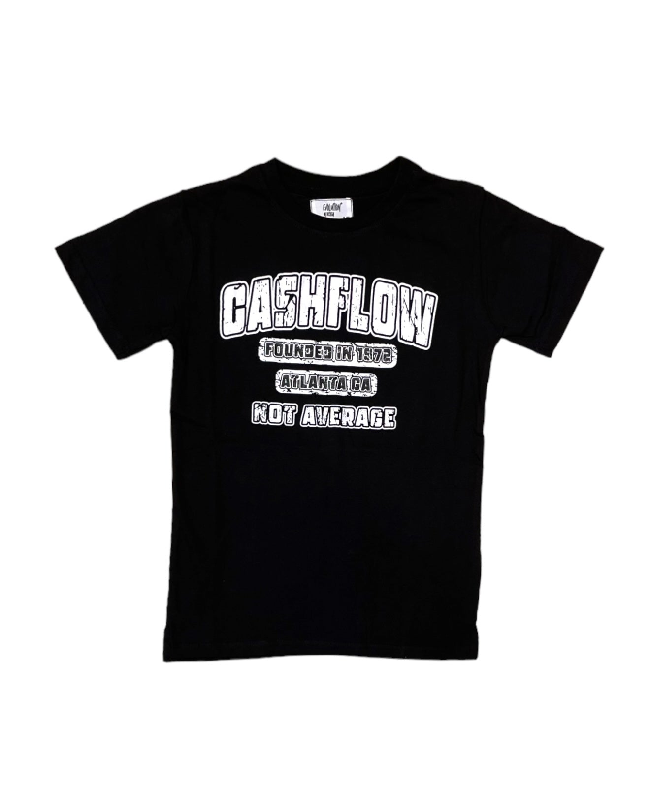 junior boys front view of cash flow tee in black. 