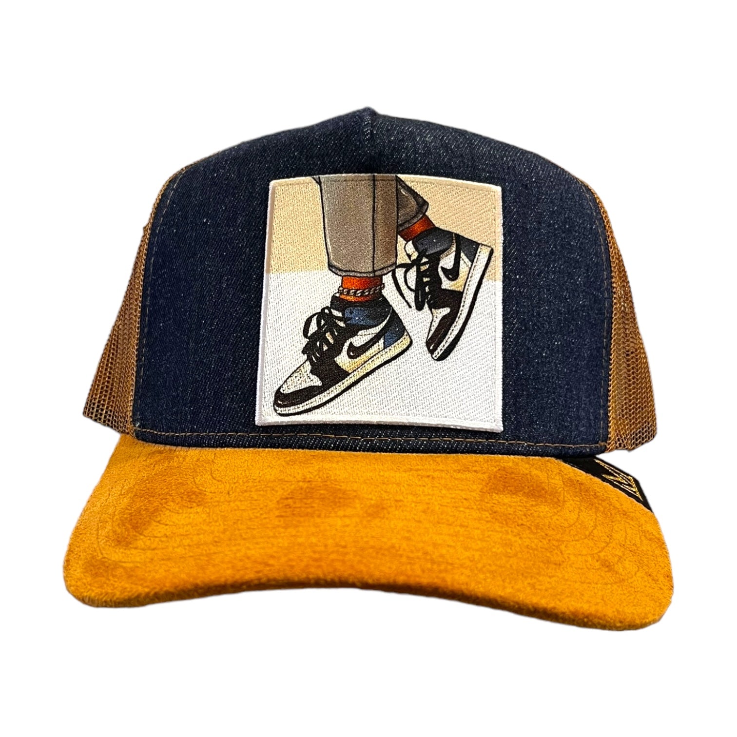 navy mustard trucker hat showing jordan 1s