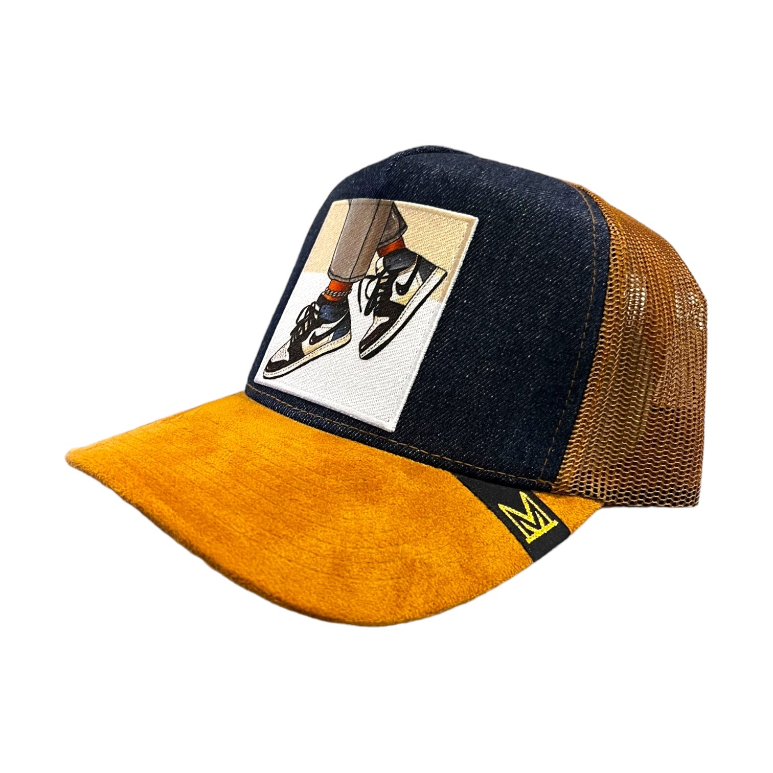 navy/mustard trucker hat showcasing jordan 1s