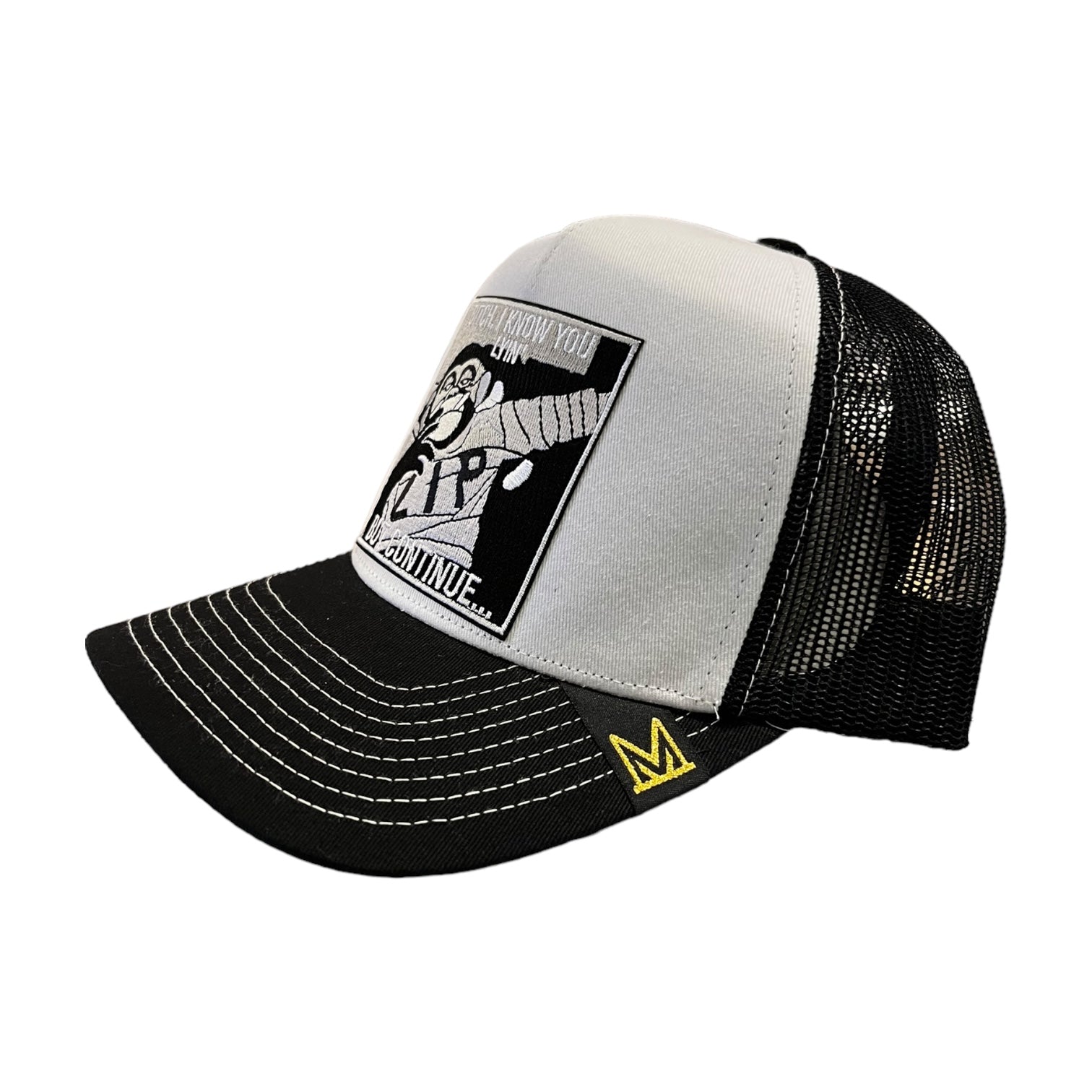 black and white variant of the bitch i know you lying trucker hat