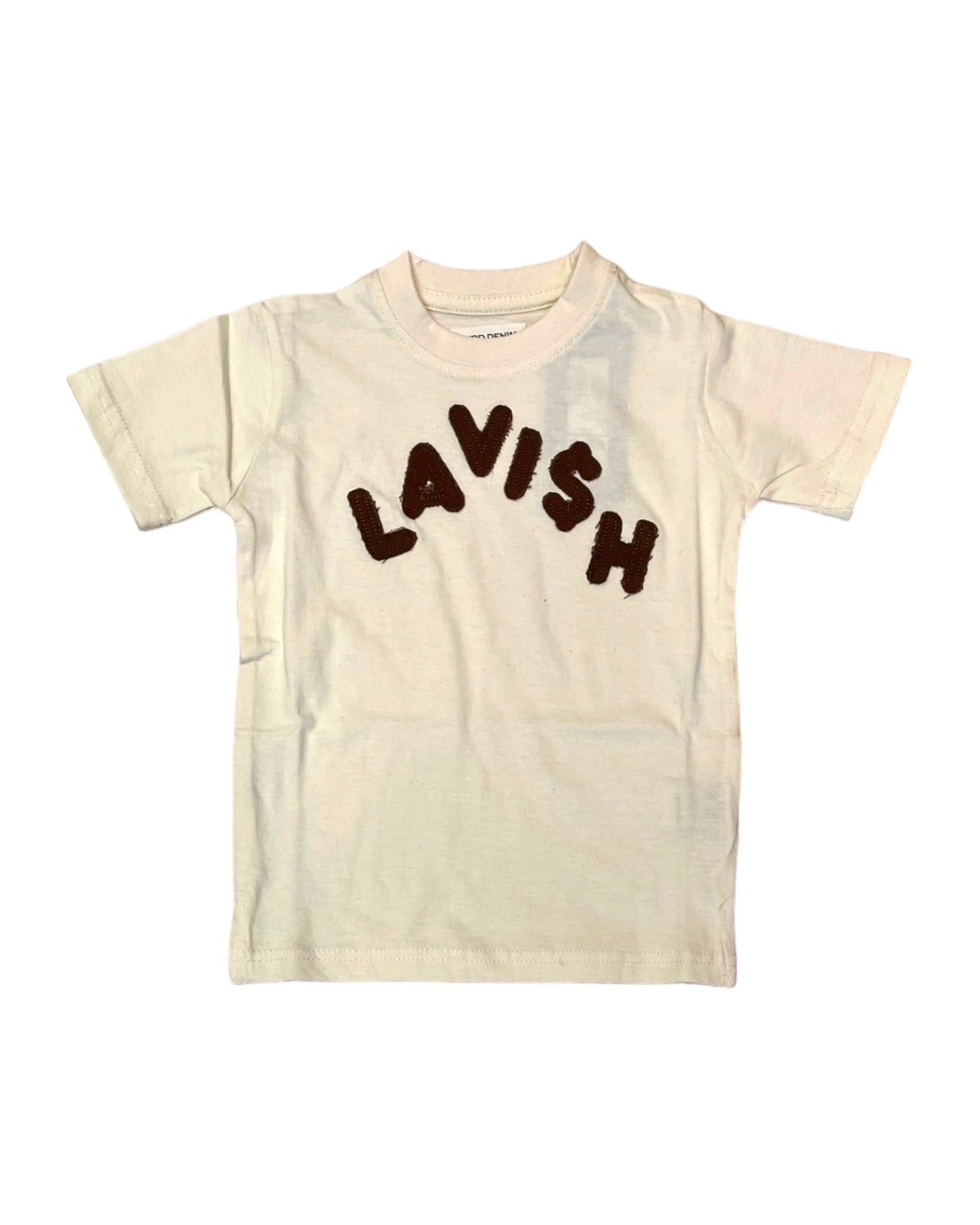 front view of toddler boys lavish tee in cream with brown lettering.