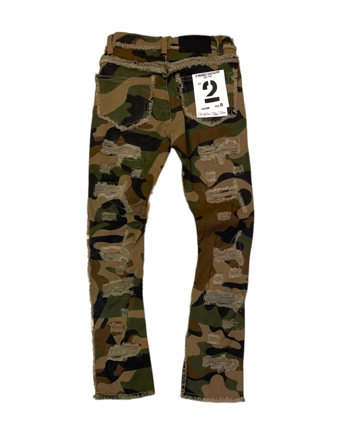 back view of the junior boys' woodland camo distressed stacked pants. 