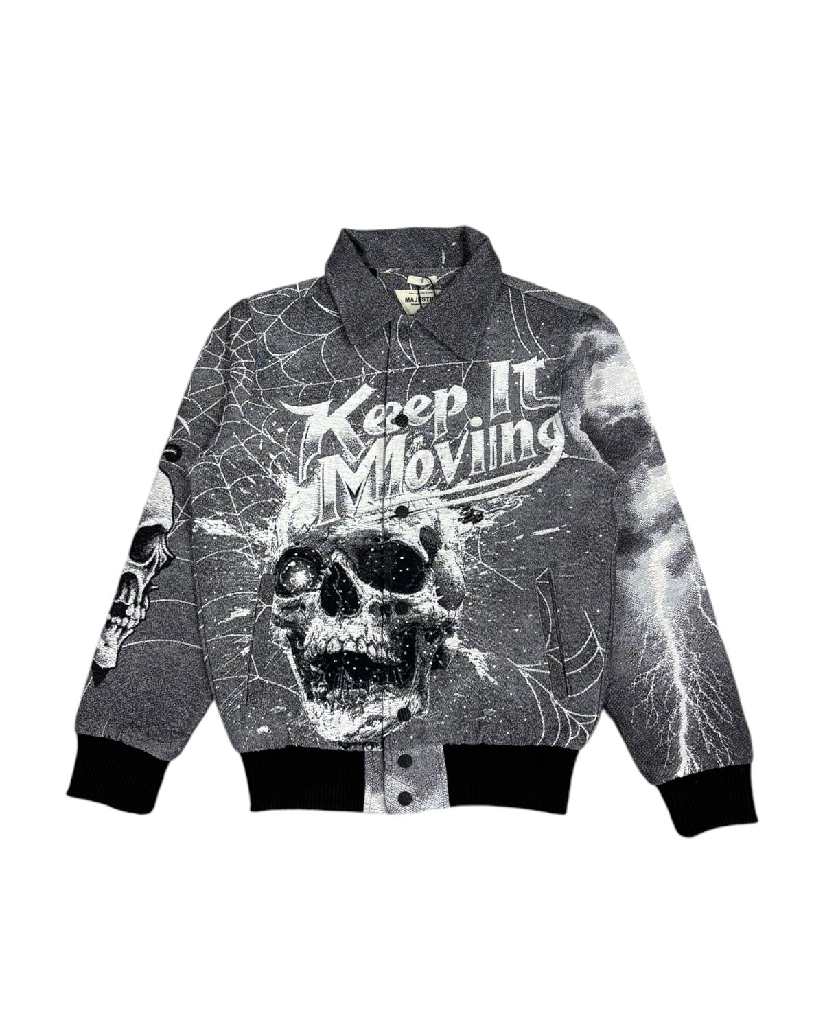 Keep It Moving Rhinestone Tapestry Varsity Jacket