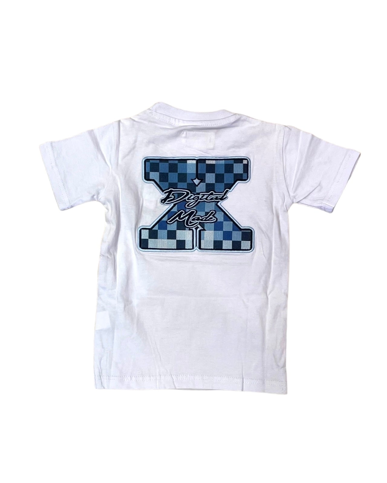 toddler boys digital cam tee in white showing the blue digital camo patch on the back. 