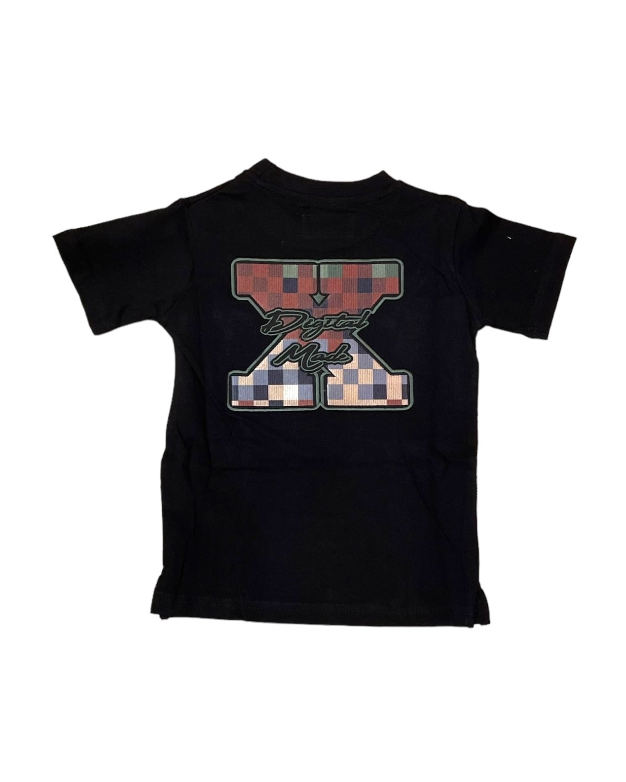 toddler boys digital camo tee in black showing the back digital camo patch. 