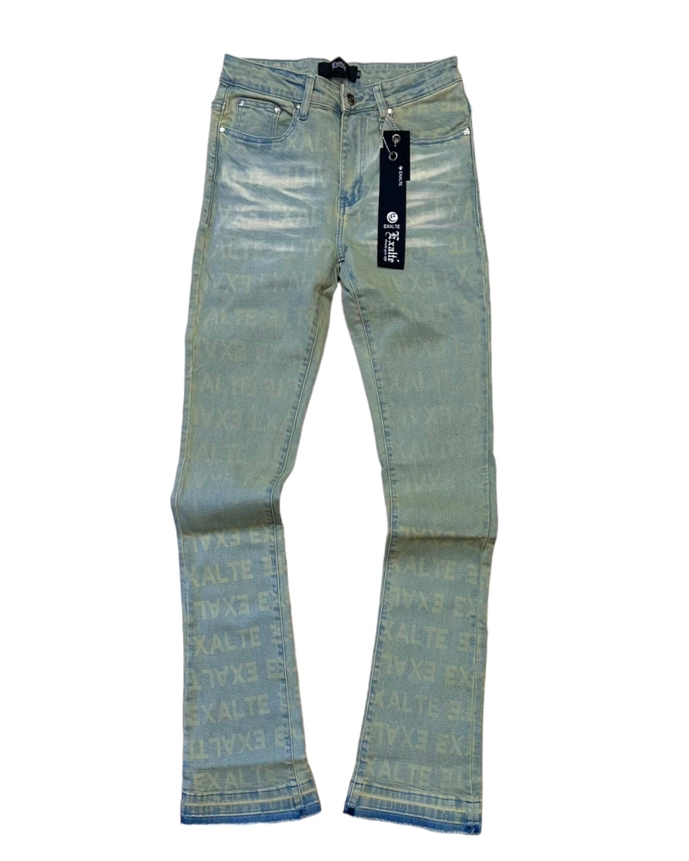 vintage blue laser monogram branded stacked jeans