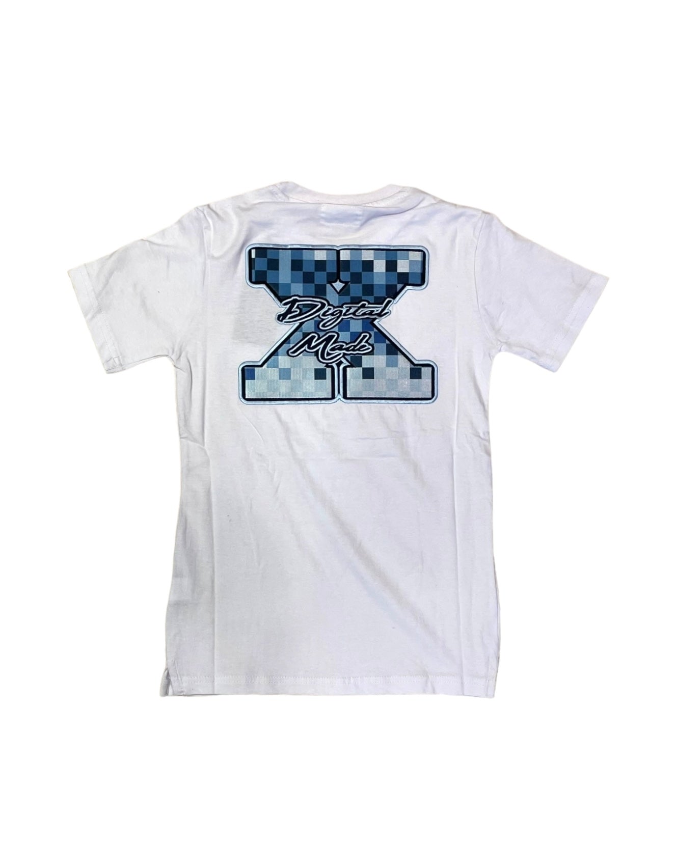 junior boys digital camo tee in white showcasing the blue digital camo patch on the back. 