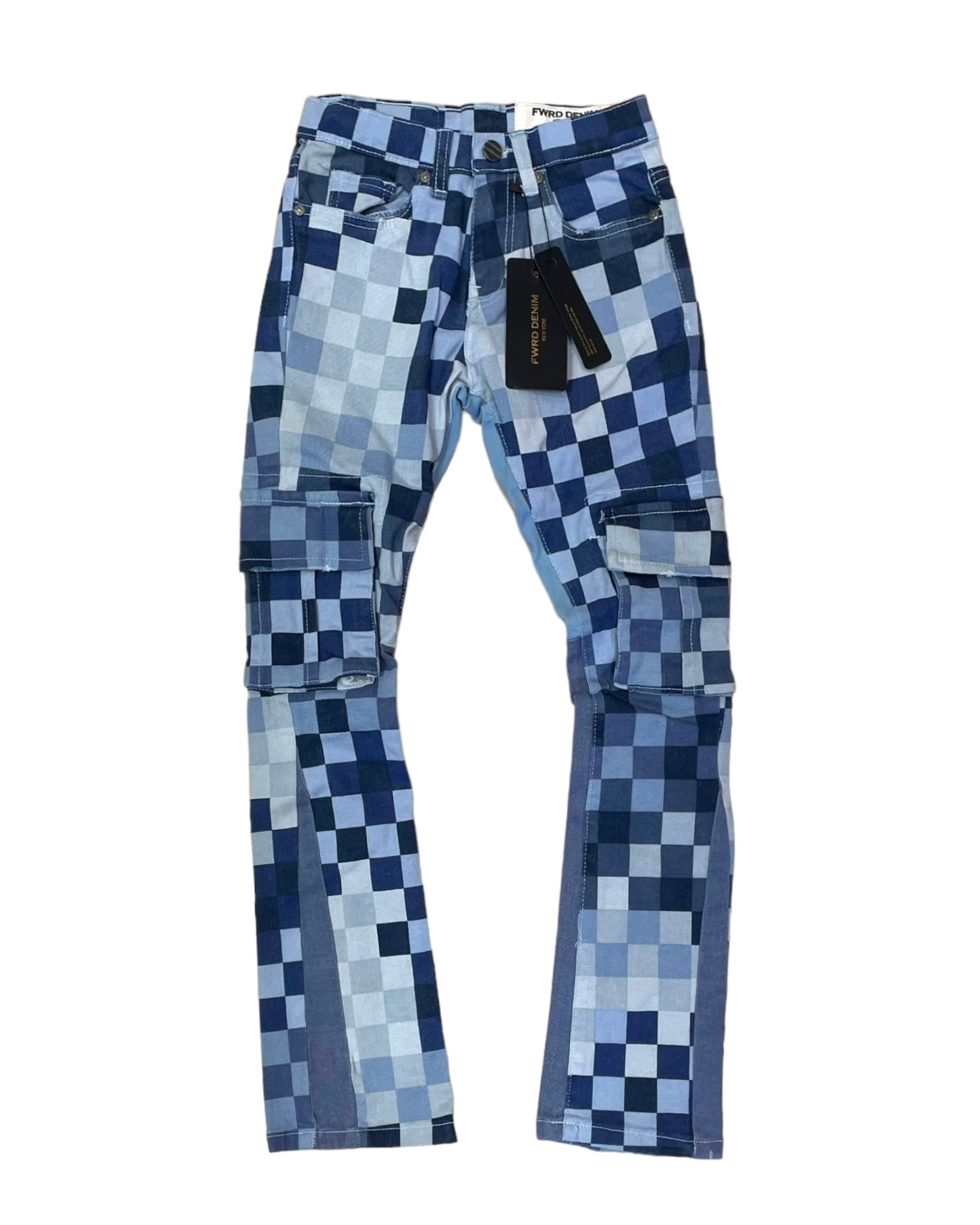 Junior boys digital camo stacked pants in blue.