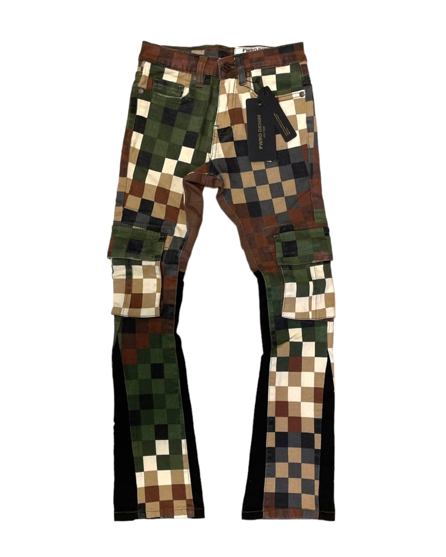 Junior boys digital camo stacked pants in olive green. 