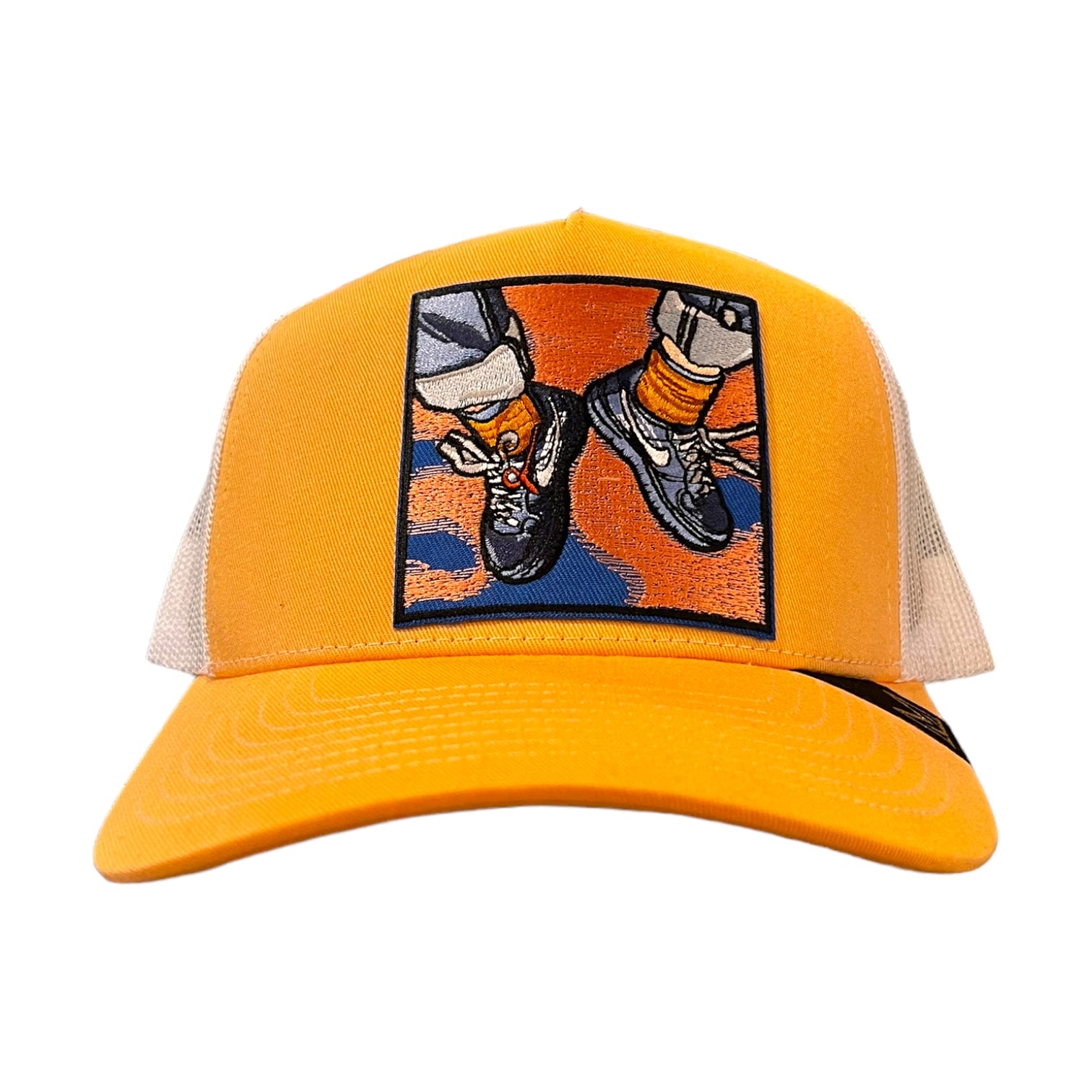 peach color sneaker graphic patch trucekr hat