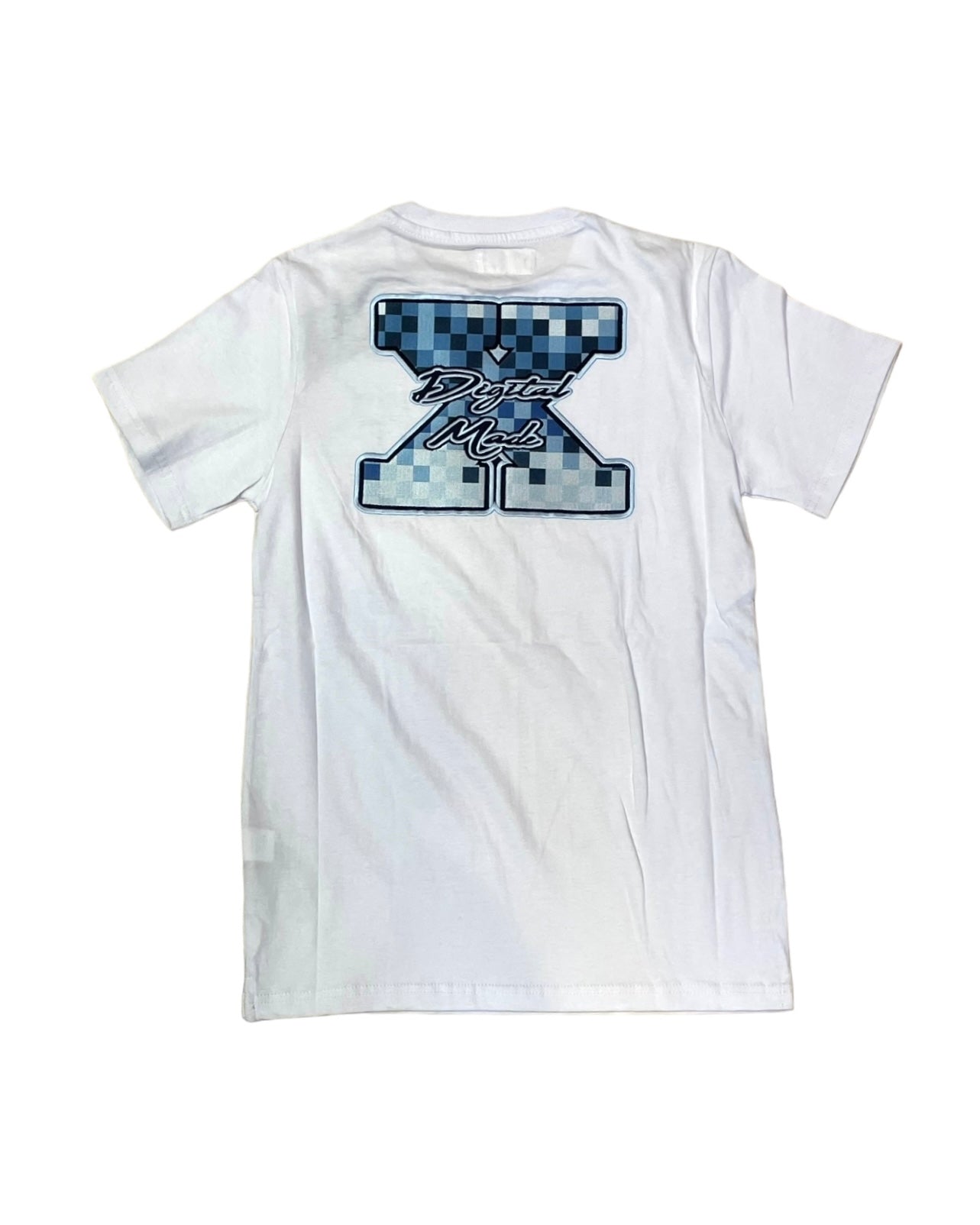 back of the white digital camo tee showing the blue patch on a larger scale. 