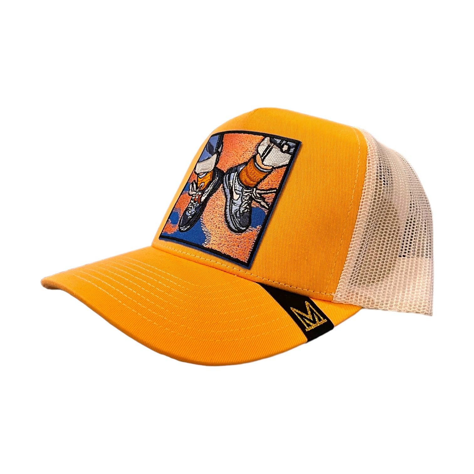 peach color sneaker graphic patch trucker hat