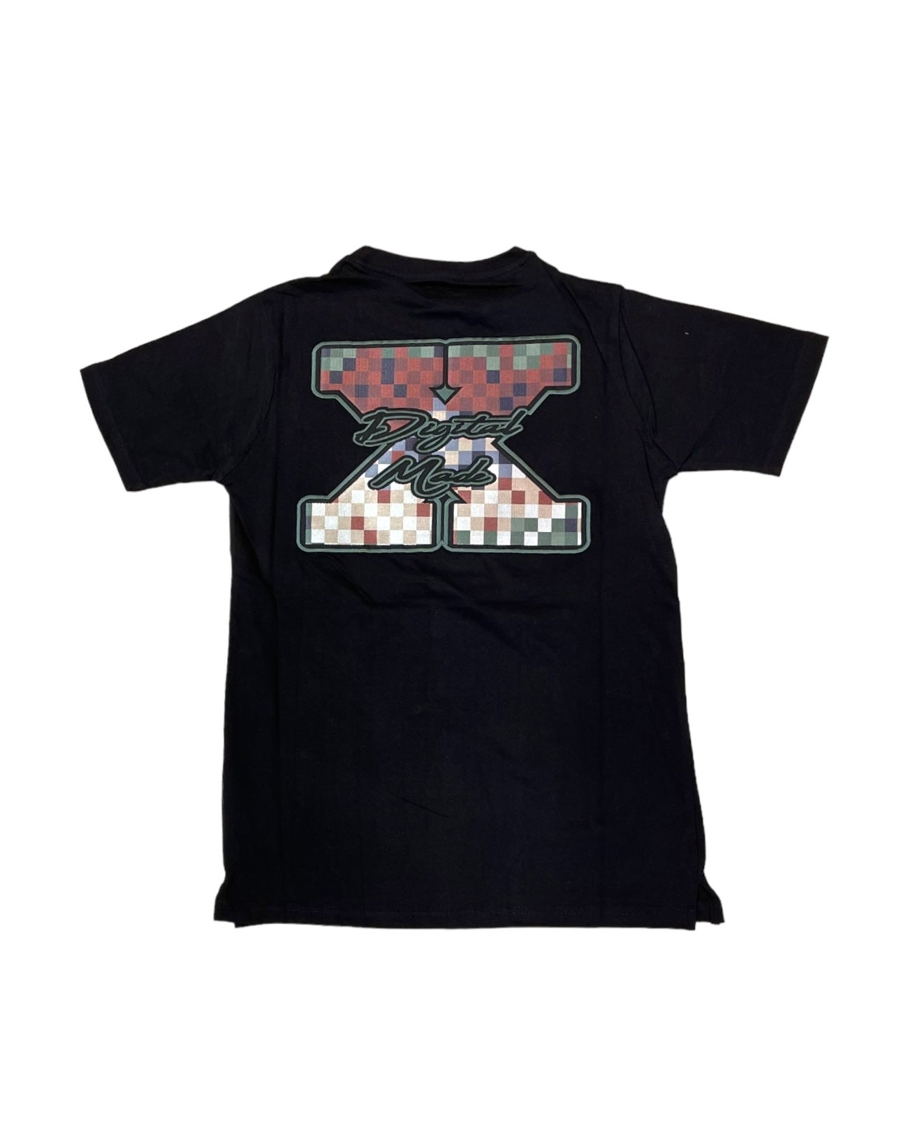 back of the black digital camo tee displaying the pixilated digital camo pattern patch. 