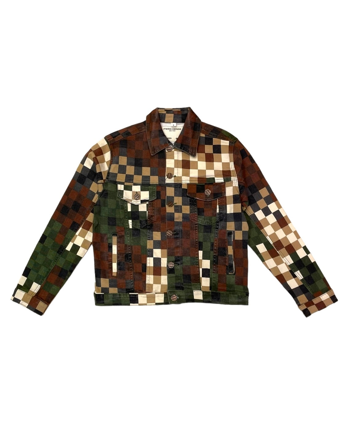 Olive green digital camo jacket in men sizing.