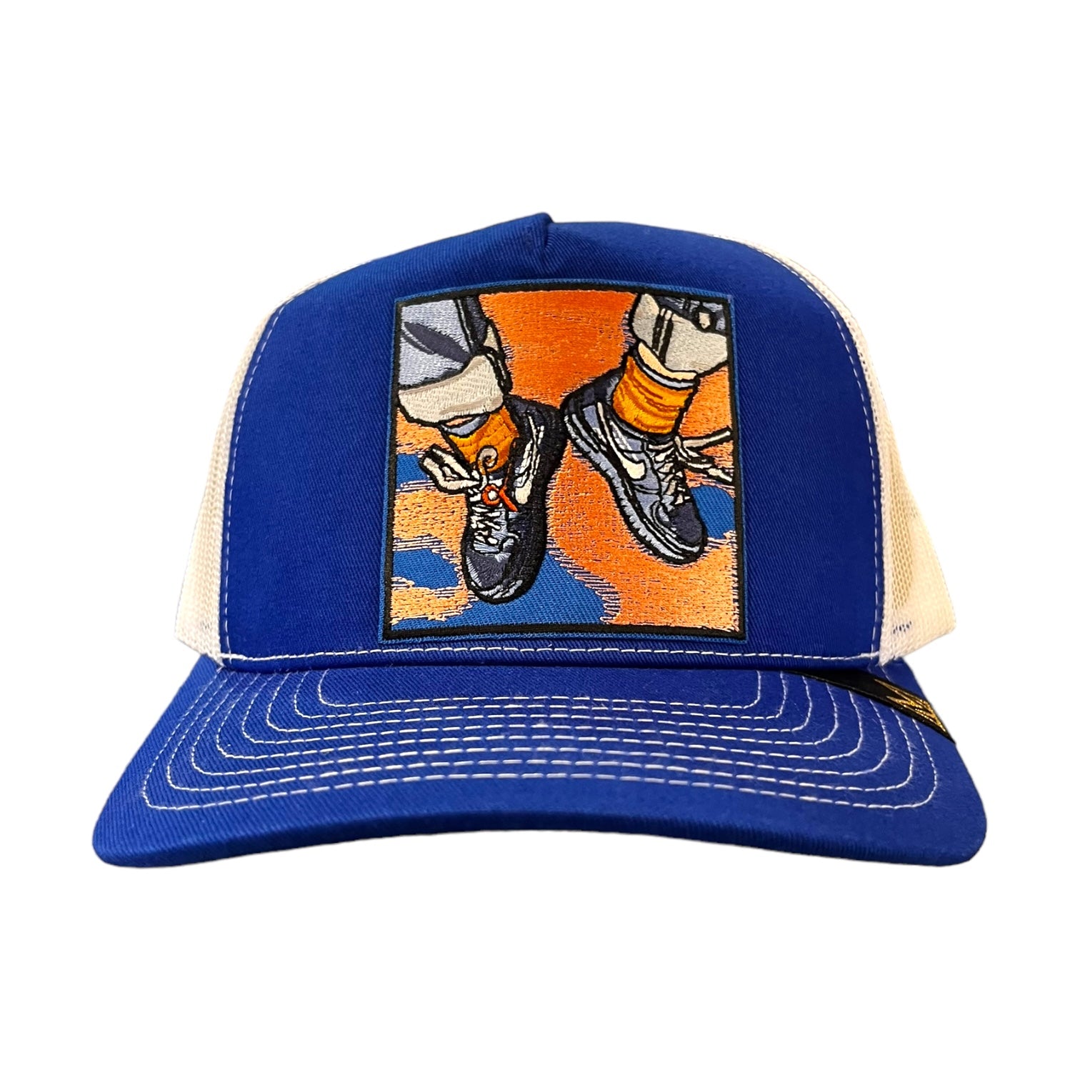 royal blue sneaker patched trucker hat