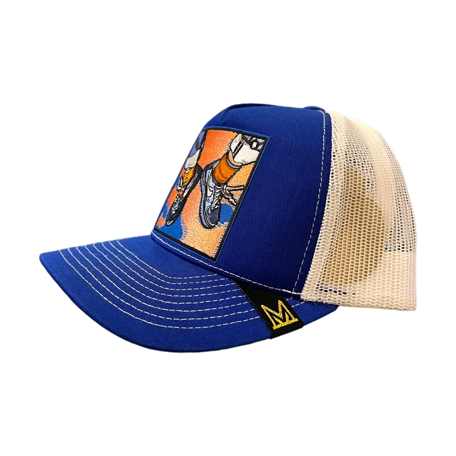 royal blue sneaker patch graphic trucker hat