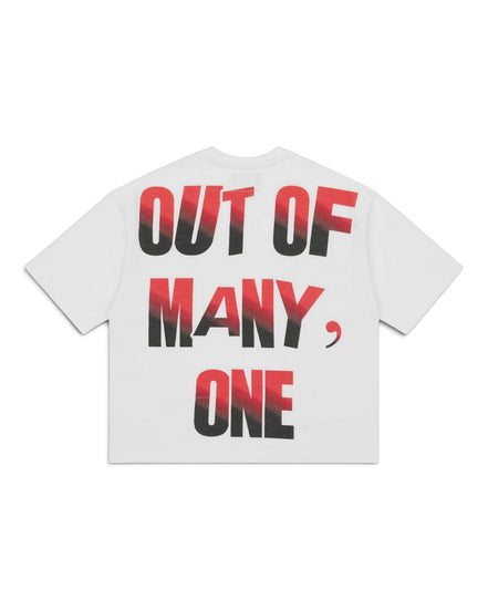 A white short-sleeve t-shirt shown from the back, featuring the text 'OUT OF MANY, ONE' printed in a bold black-to-red gradient font.