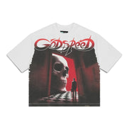 A white short-sleeve t-shirt featuring a large graphic print on the front. The graphic displays the red and black 'Godspeed' band logo above a dark, moody illustration of a skull in a doorway with a silhouetted figure and a checkered floor.